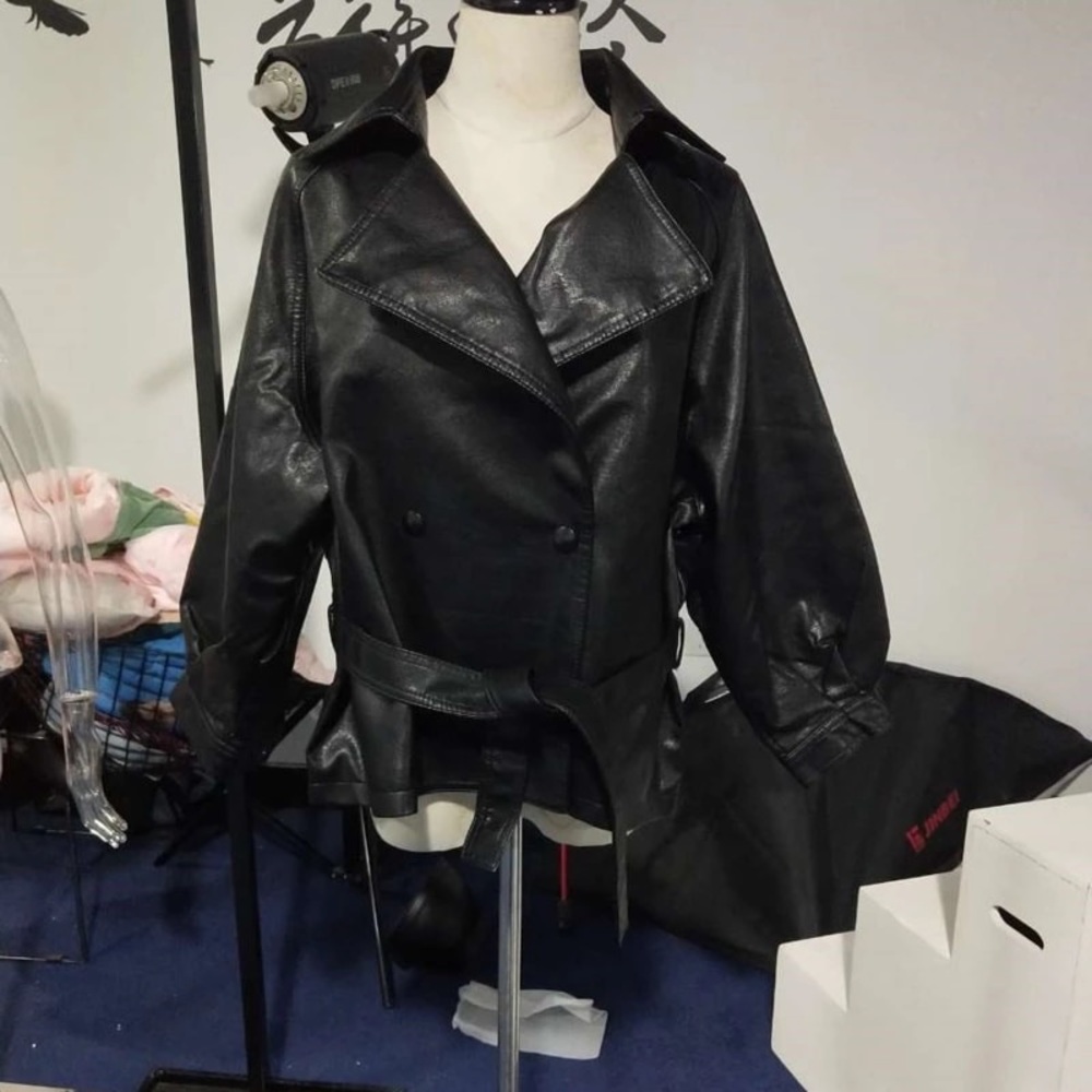 Black Faux Leather Retro Jacket Oversized Size M